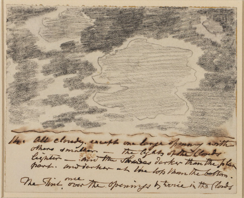 John Constable (1776-1837). "1 h. All Cloudy. except one large opening with others smaller [...]" potlood en pen op papier, c. 1822
